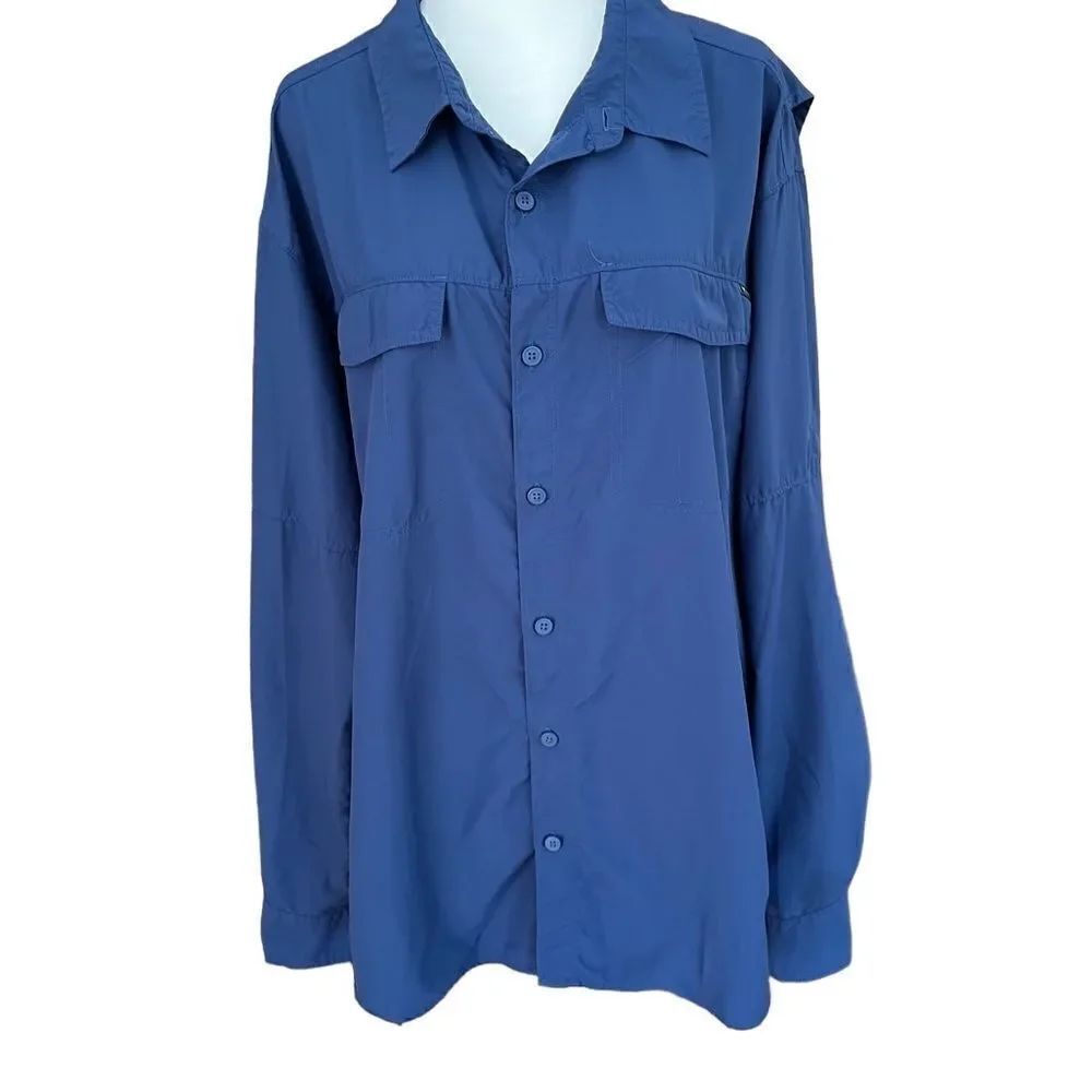Columbia navy blue polyester long sleeved Omni-Shade button front shirt size XL
